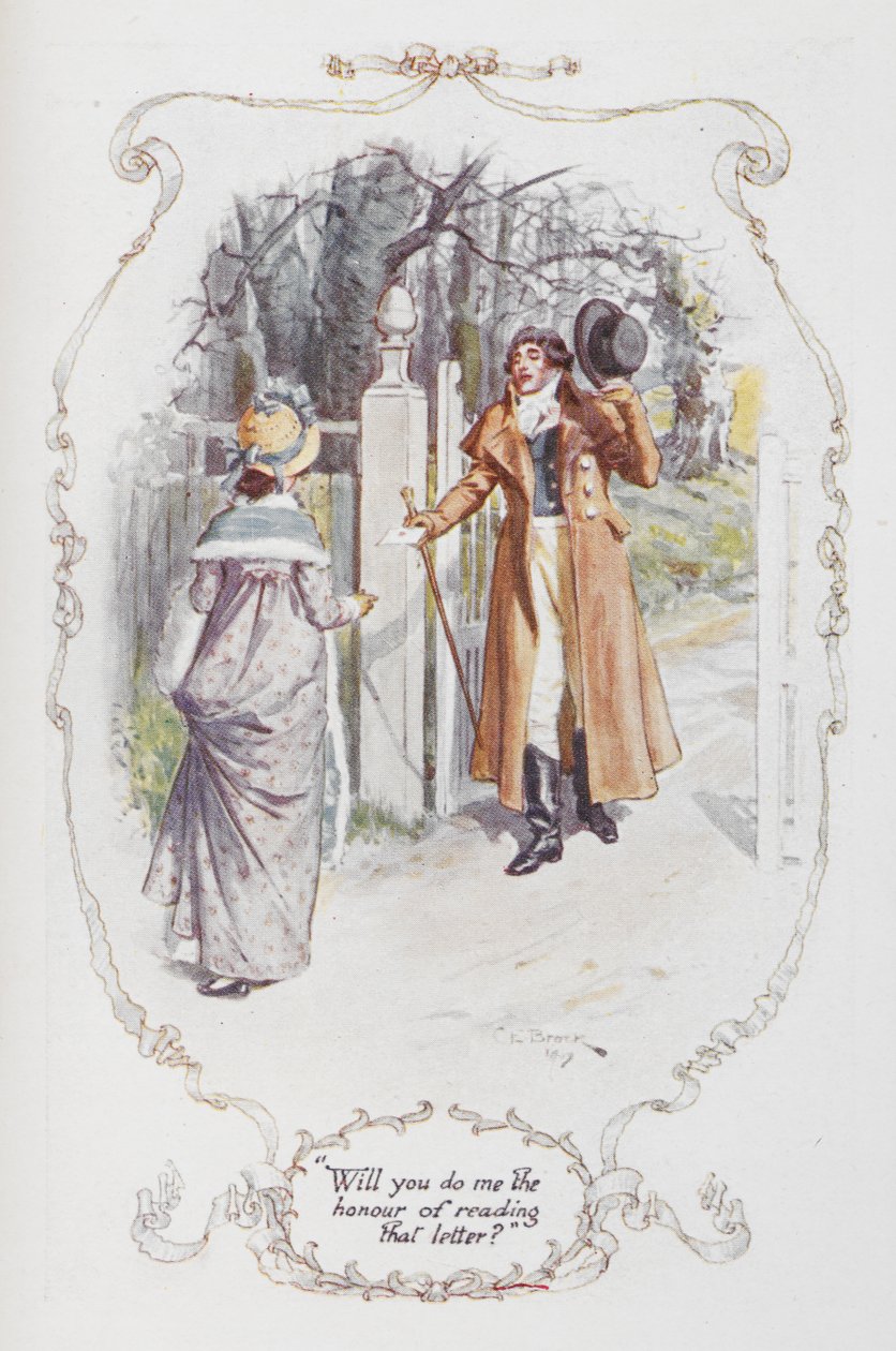 "Vil du gi meg æren av å lese det brevet?", illustrasjon til "Stolthet og fordom" av Jane Austen av Charles Edmund Brock