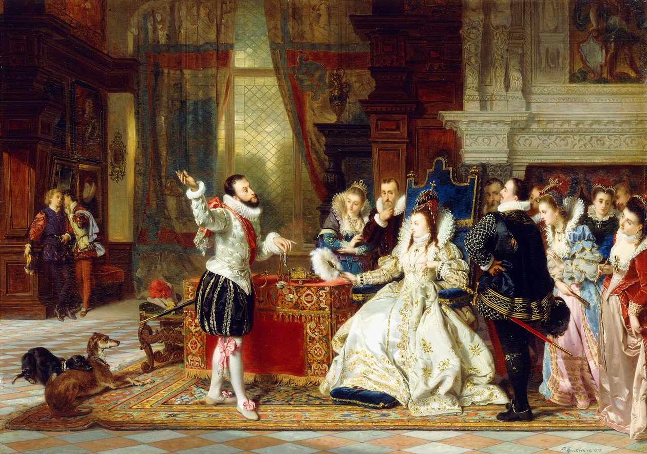 Sir Walter Raleigh og dronning Elizabeth, 1875 av Charles Edouard Boutibonne