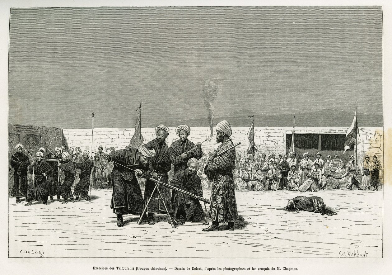 Øvelser for å manipulere Taifourchi bolverksrifler, tropper bevæpnet og trent av det kinesiske militæret, tegning av Delort, for å illustrere minnene fra en engelsk ambassade i Kachgar (eller Kashi, Kina) i 1873-74, av Mr. Chapman og Gordon. Gravering i Le av Charles Edouard Delort