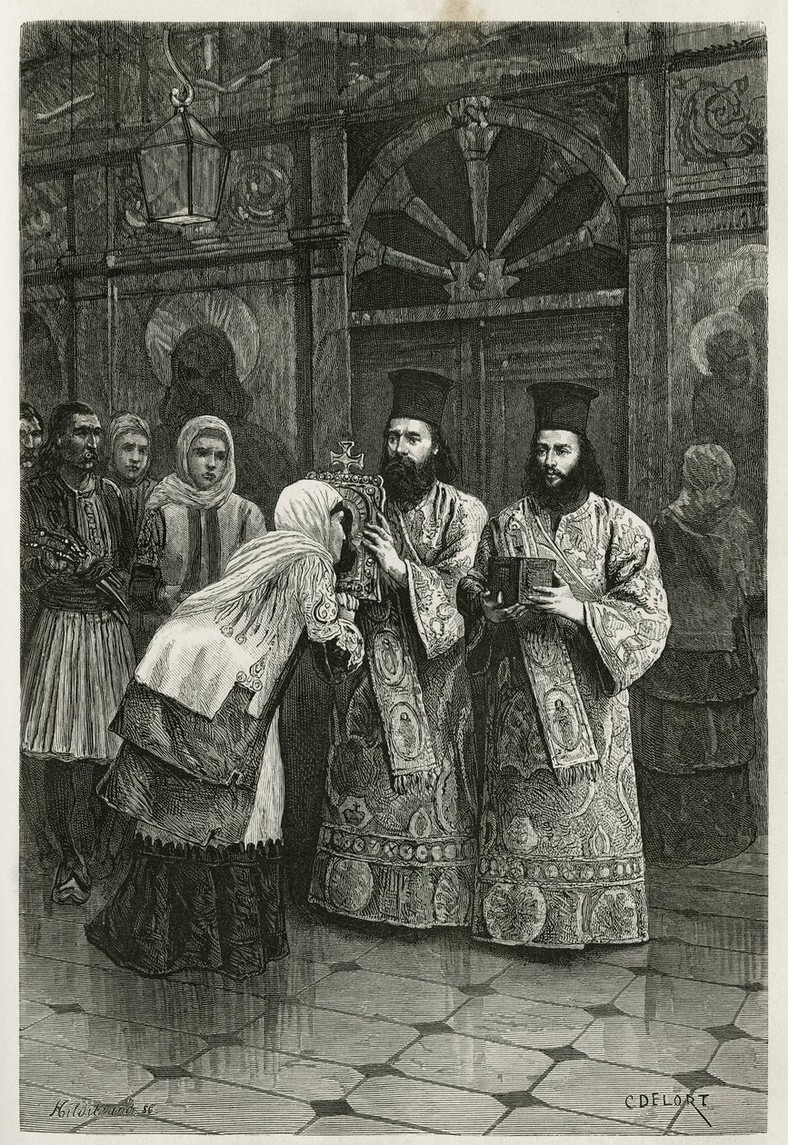 Pritres gir et kyss til de hellige bildene, gravert av Ch. Delort, for å illustrere Henri Belles reise til Hellas i 1861, 1868 og 1874, publisert i tour du monde, under ledelse av Edouard Charton av Charles Edouard Delort