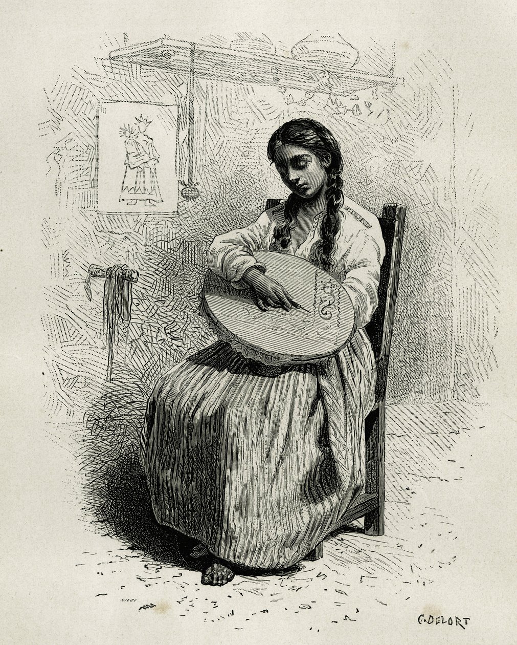 Brodereren, i Salento, regionen Quindio (Colombia), gravering av Ch.Delort, for å illustrere historien om America Equinoxiale av E.Andre, misjonsoppdrag fra den franske regjeringen, publisert i tour du monde, under ledelse av Edouard Charto av Charles Edouard Delort