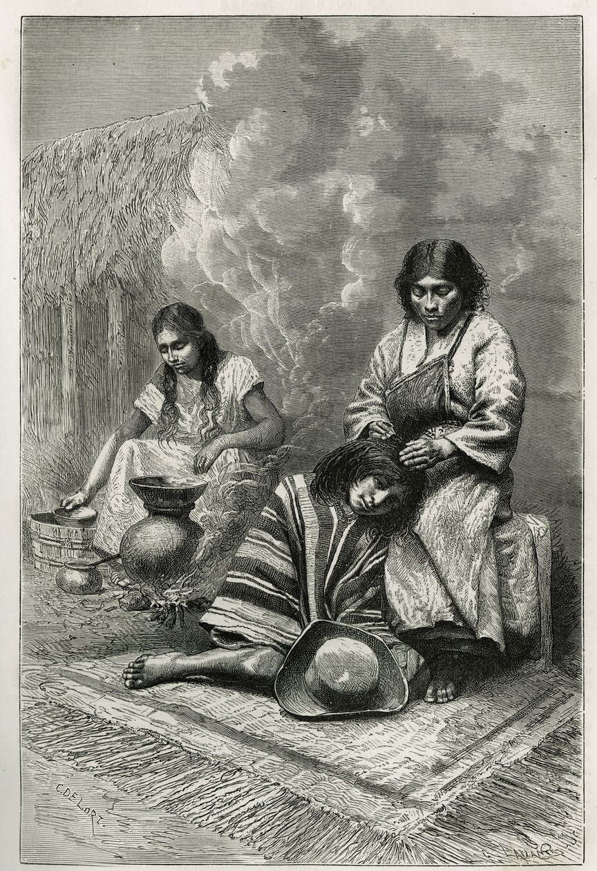 Bortfallet av et barn av moren hans og produksjon av stokk eau de vie (rom), nær Cali (Cauca Valley, Colombia), gravering av Ch.Delort, for å illustrere historien om Equinoxiale America av E.Andre, en misjonsoppgave av den franske regjeringen, publisert av Charles Edouard Delort