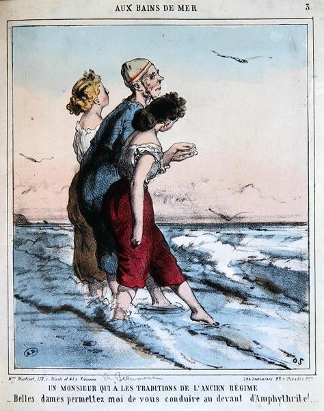 Tradisjonell mann som eskorterer to unge damer for å bade i sjøen, ca. 1850-70 (farge litho) av Charles Edouard de Beaumont