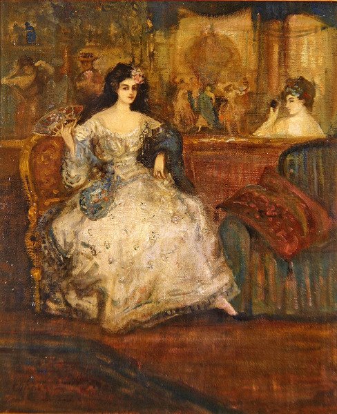 Kvinne i en boks på teatret (olje på lerret) av Charles Edward Conder