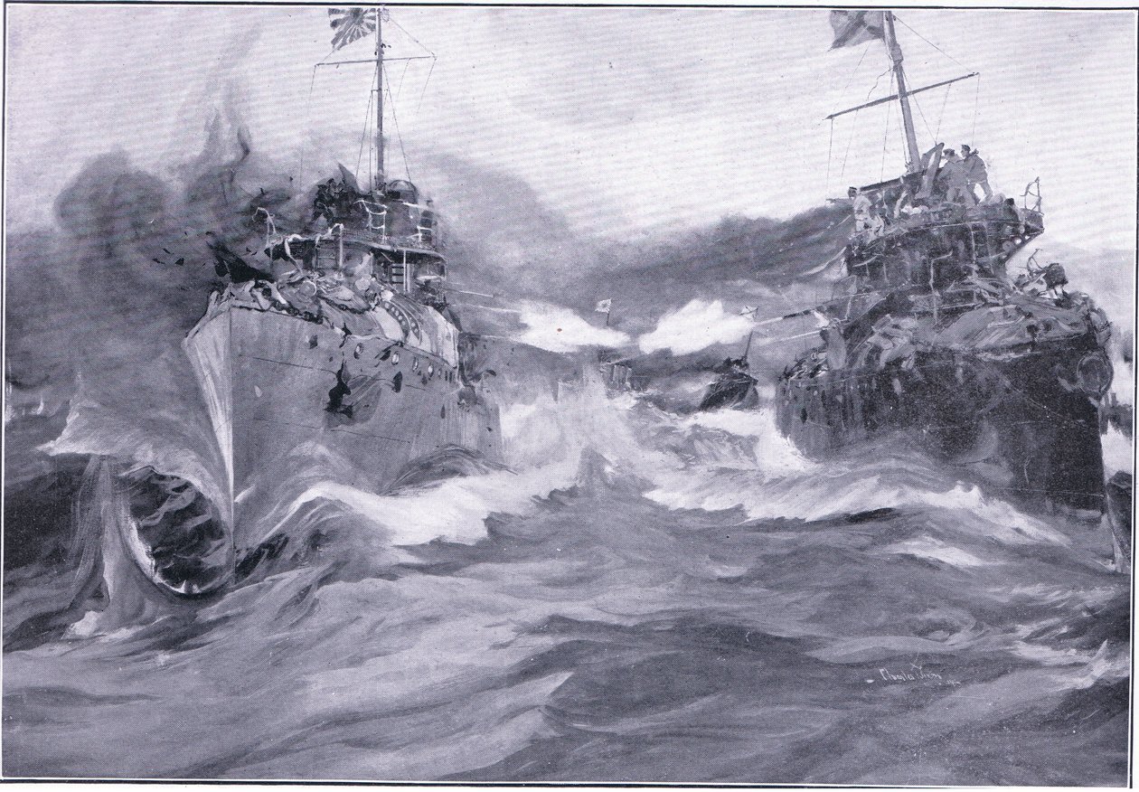 En kamp mellom destroyere, illustrasjon fra Cassells History of the Russo-Japanese War Vol 1, ca. 1900 av Charles Edward Dixon