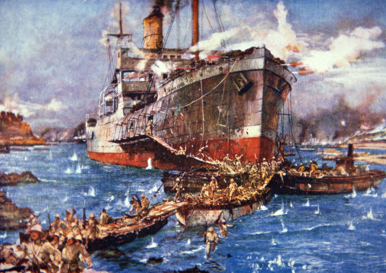 Britiske tropper fra elven Clyde lander ved V Beach, Gallipoli, 25. april 1915 (farge litho) av Charles Edward Dixon