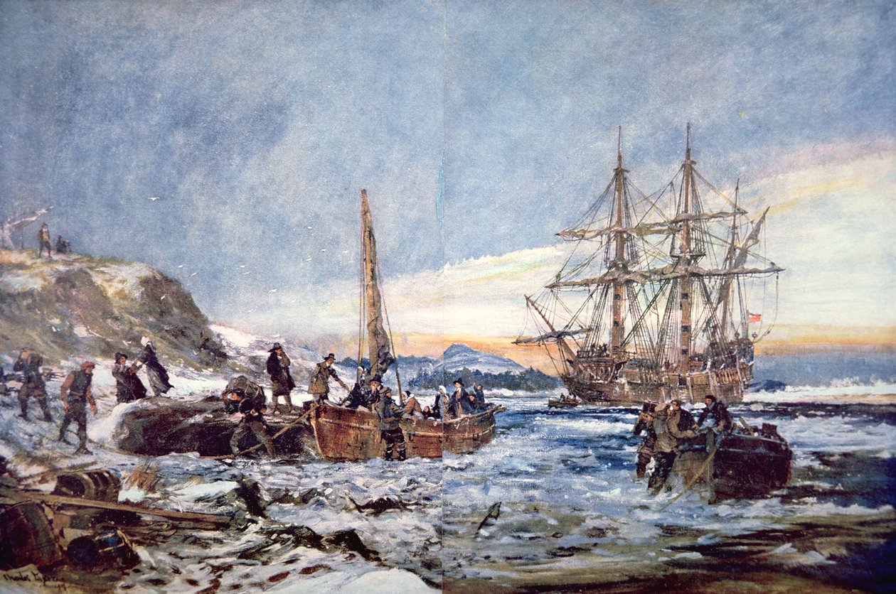 Landing of the Pilgrim Fathers i Plymouth, New England i 1620 (akvarell på papir) av Charles Edward Dixon