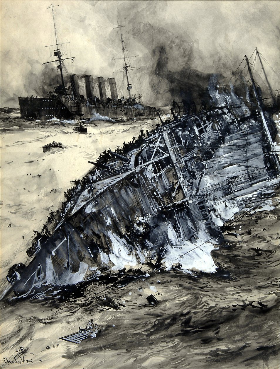 Senking av HMS Hogue, Cressy og Aboukir (wc på papir) av Charles Edward Dixon