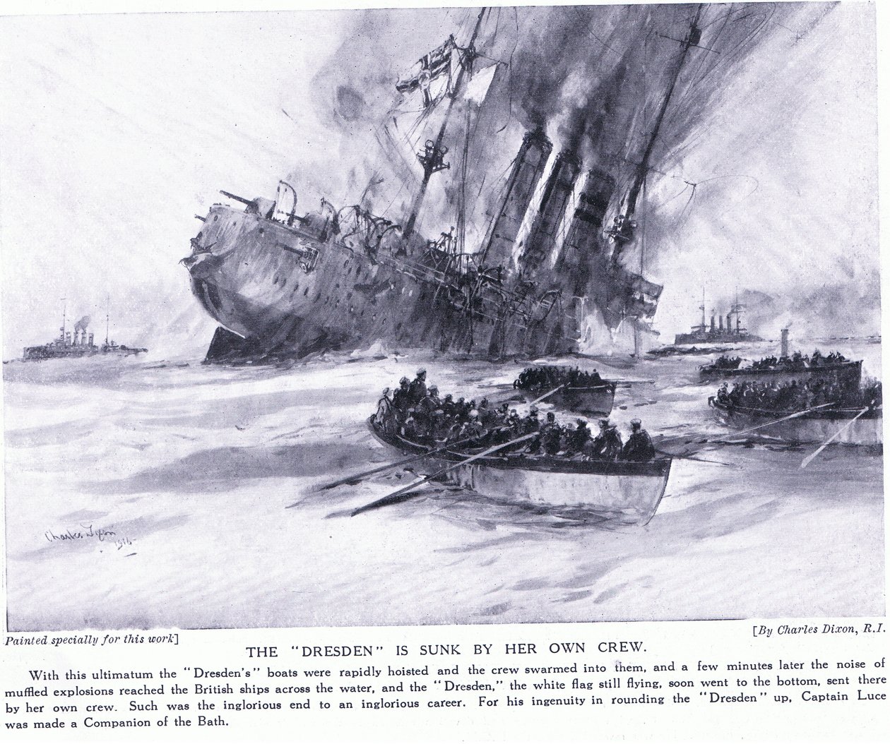 Dresden ble senket av hennes eget mannskap i mars 1915 av Charles Edward Dixon