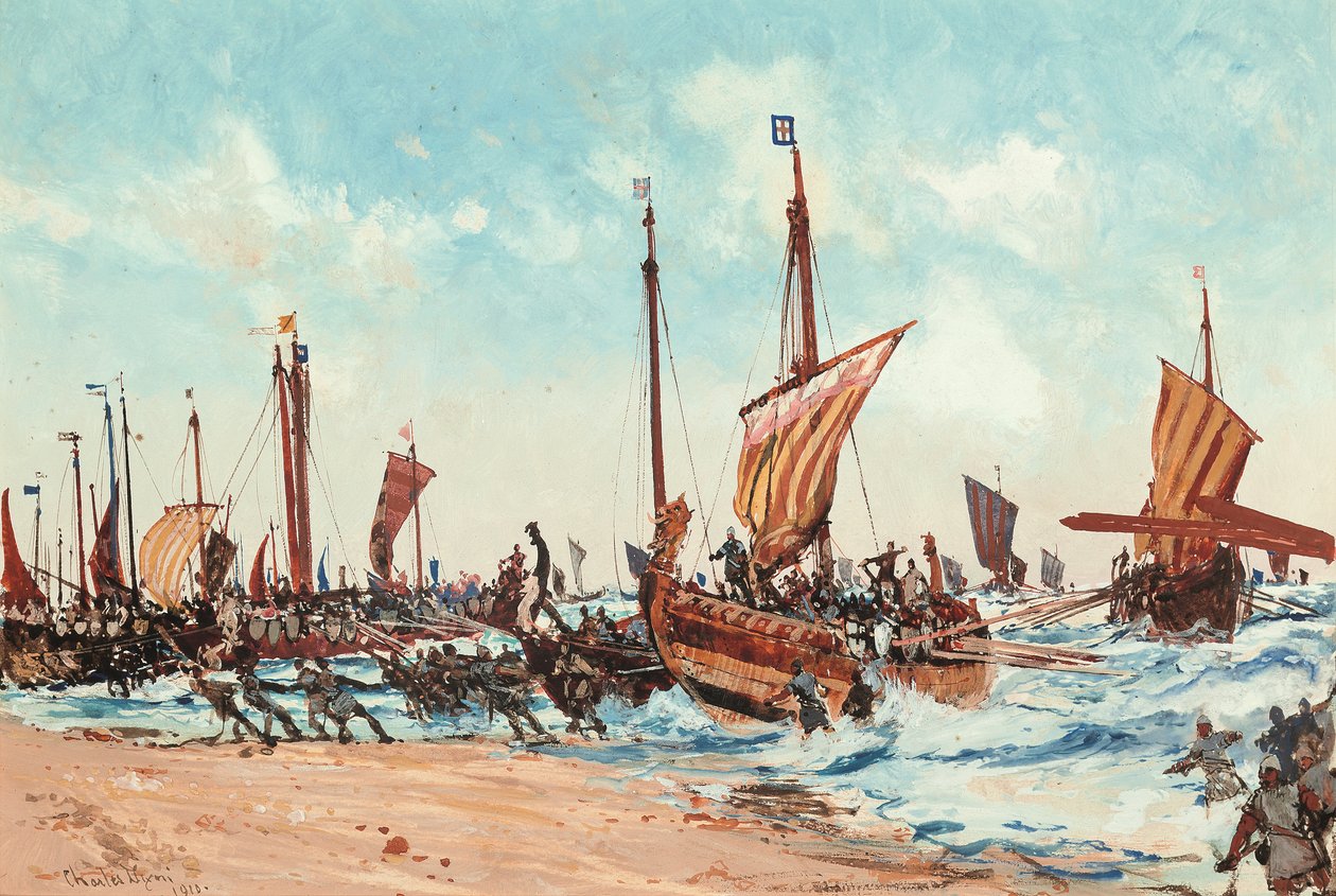 Landingen av Vilhelm Erobreren ved Hastings, 28. september 1066 av Charles Edward Dixon
