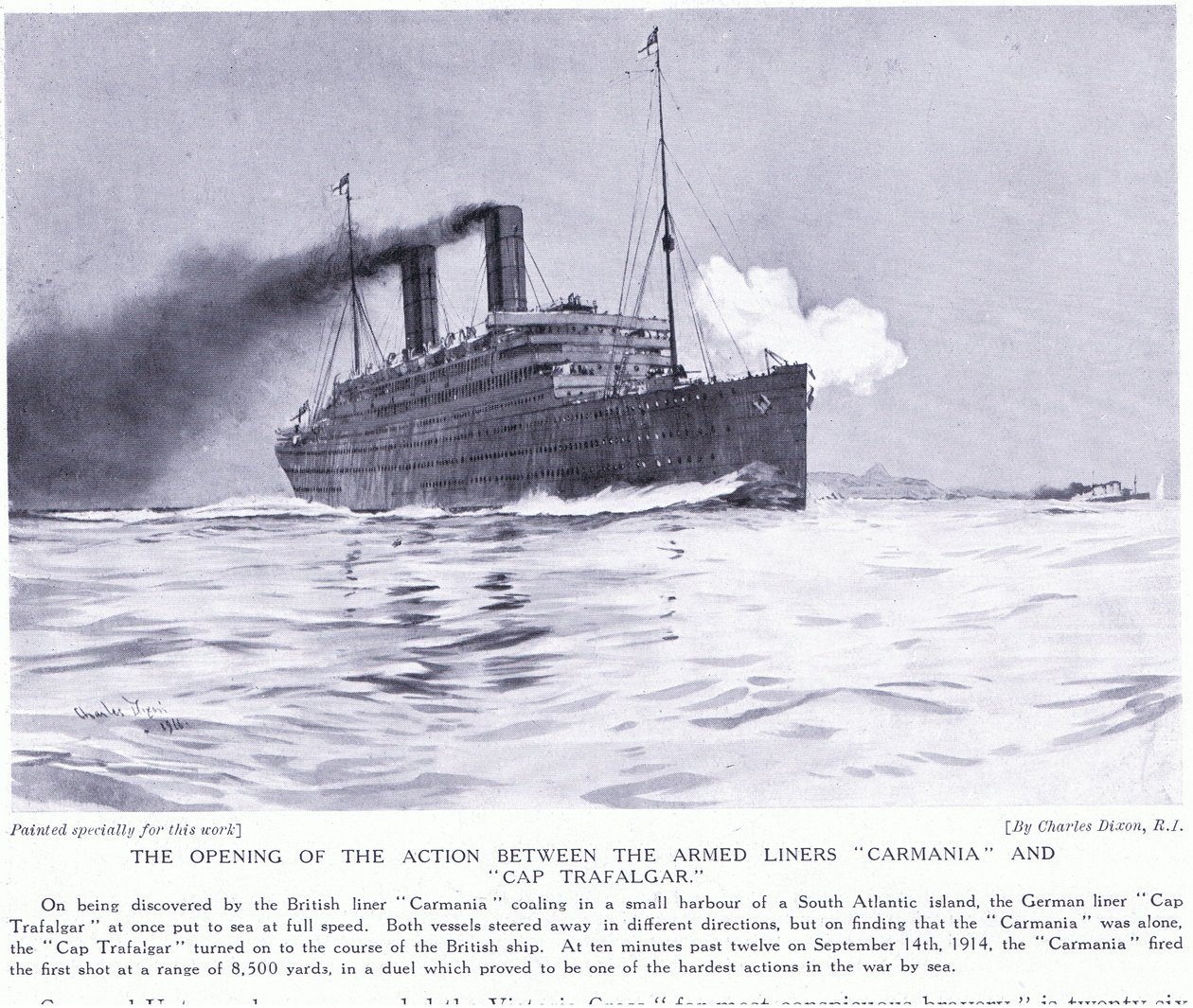 Åpningsaksjonen mellom de væpnede linjeskipene Carmania og Cap Trafalgar, Sør-Atlanteren, september 1915 av Charles Edward Dixon
