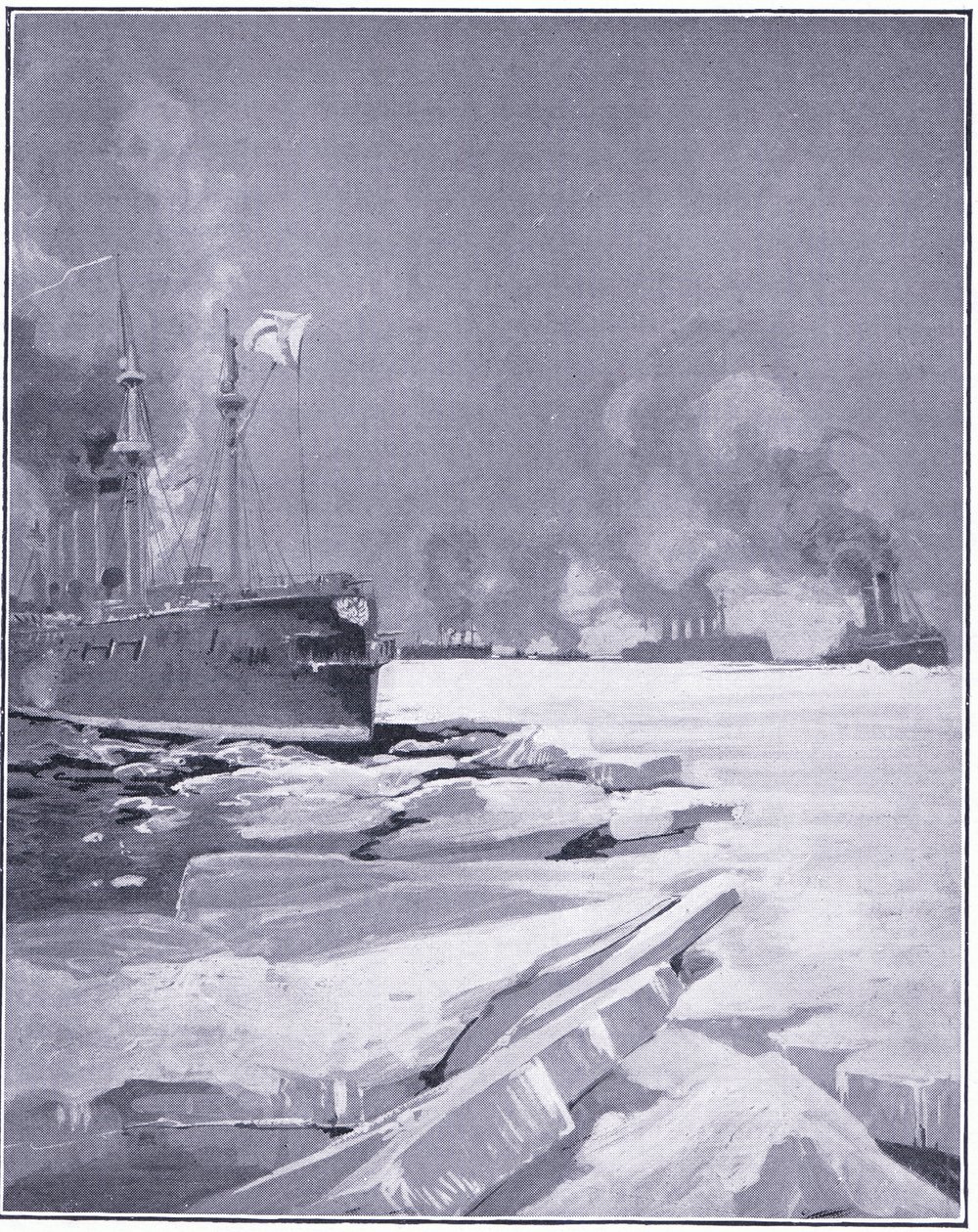 Vladivostok-skvadronen tvinger seg gjennom isen ut av Vladivostok havn, illustrasjon fra Cassells History of the Russo-Japanese War Vol 1, ca. 1900 av Charles Edward Dixon
