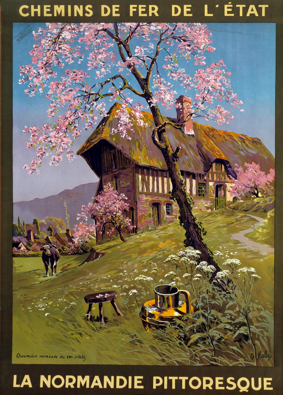 Plakat av Charles Edward Halle (1846-1919) for Statens jernbaner - Pittoreske Normandie: Hytte fra 1600-tallet på landsbygda i Normandie. Privat samling fra 1800-tallet - Plakat av Charles Edward Halle (1846-1919) for statsjernbanene, pittoreske Norrland av Charles Edward Halle
