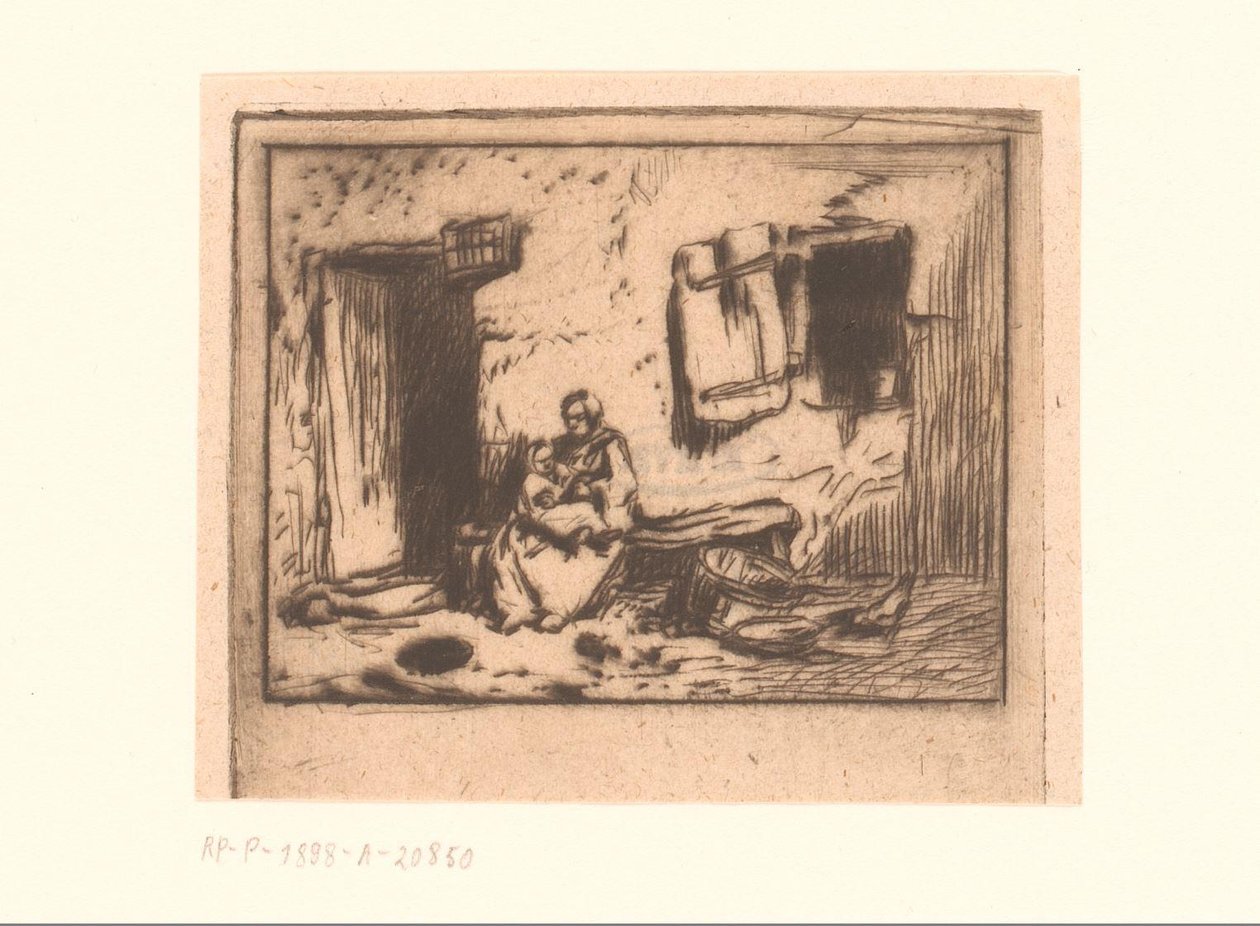 Kvinne med barn på en benk mot en fasade av Charles Emile Jacque (attributed to)