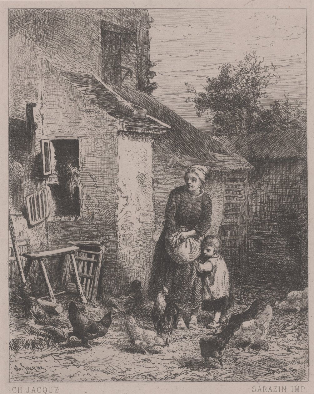 Et hjørne av domstolen, eller Un Coin de Cour (etsing, gravering og tørrpunkt) av Charles Emile Jacque