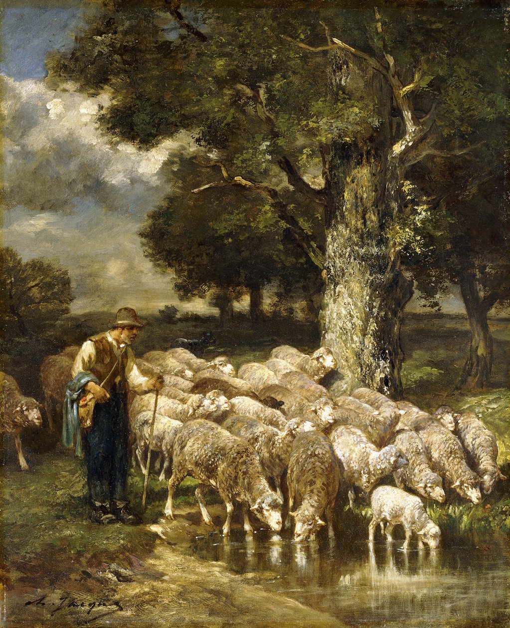 En hyrde som vokter flokken sin, av Charles Emile Jacque
