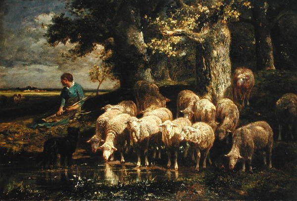 En gjeterinne med flokken sin av Charles Emile Jacque
