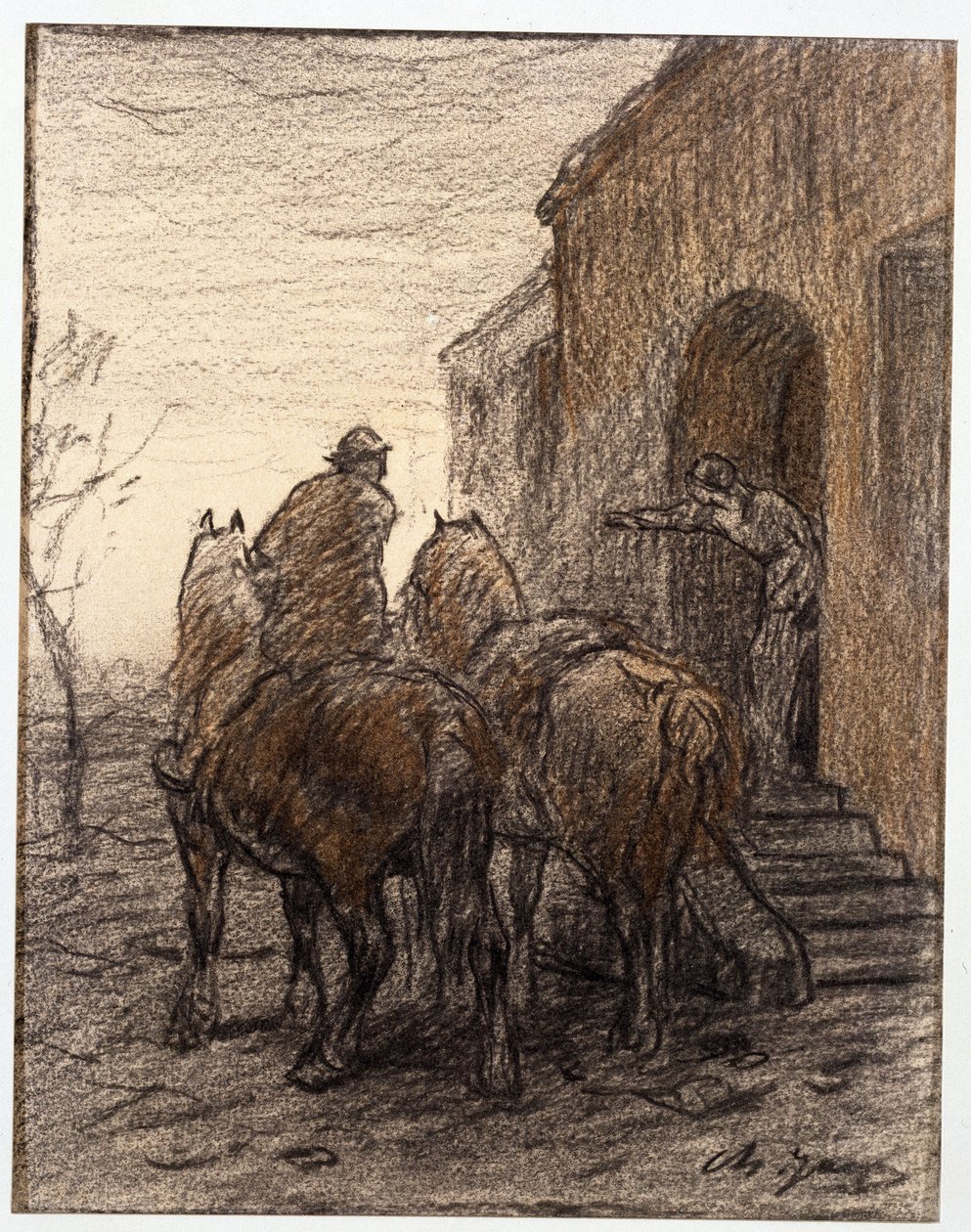 Bonde med to hester og en kvinne som viser veien av Charles Emile Jacque