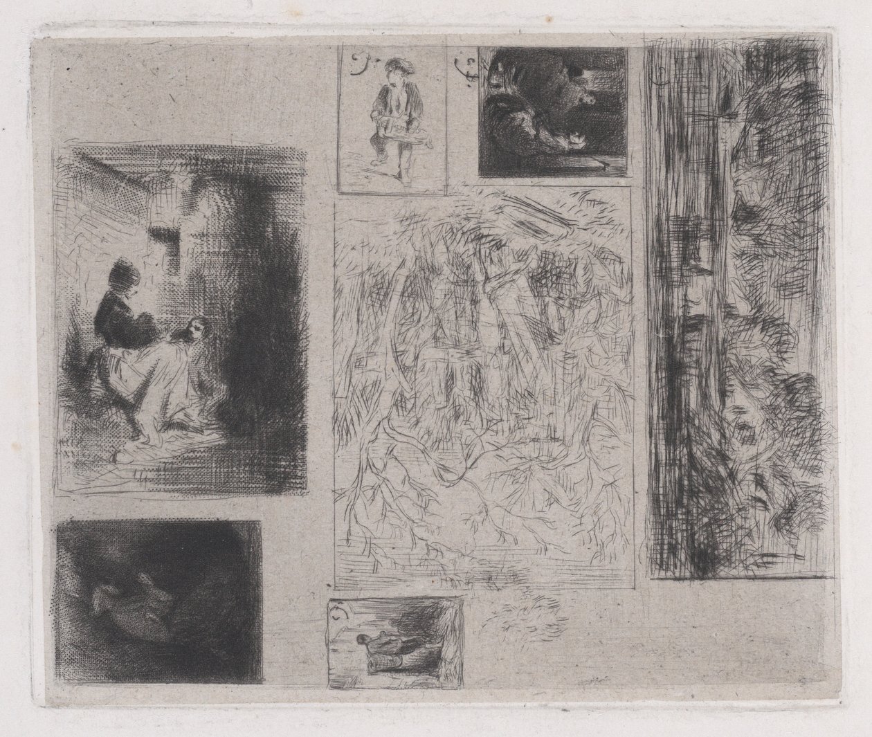 Komposittplate: Kvinne og barn a, Gammel Musiker b, Stekehandler c, Landskap ..., 1843. av Charles Emile Jacque