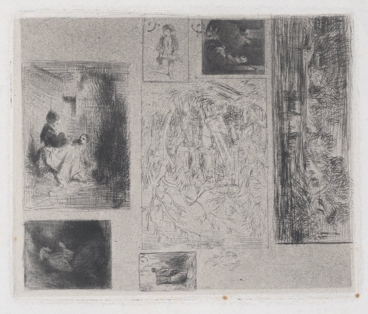 Komposittplate: Kvinne og barn a, Gammel Musiker b, Stekehandler c, Landskap ..., 1843. av Charles Emile Jacque
