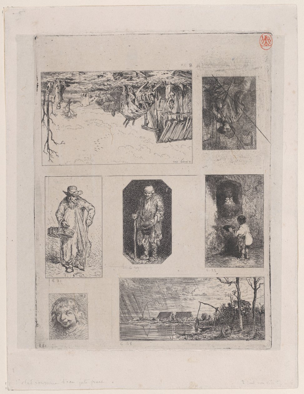 Gårdslandskap a, Sittende Bonde b, Tigger c, Tigger d, Lille Tigger e, Hea..., 1844. av Charles Emile Jacque