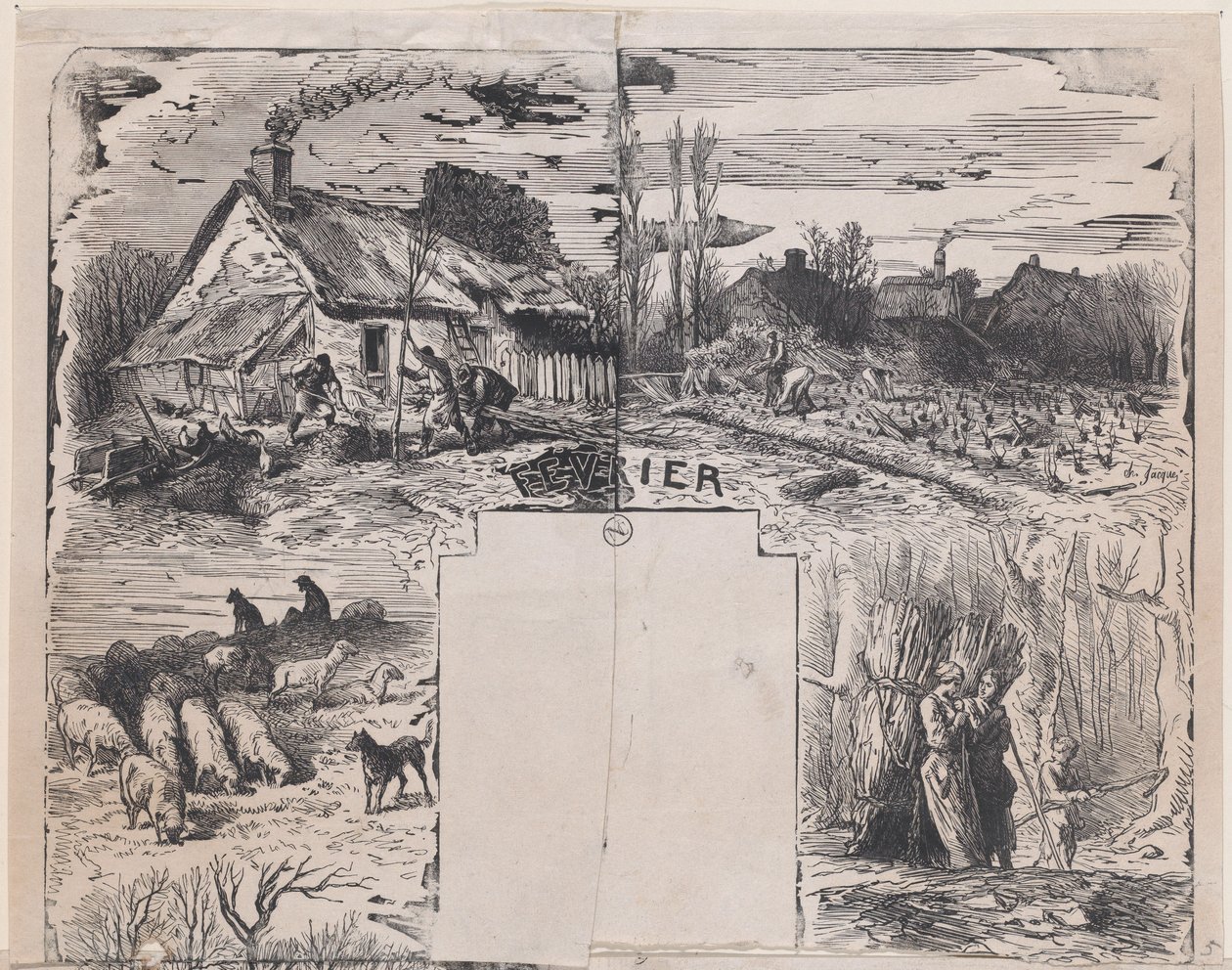 februar fra Album of Rustic Subjects, 1859. av Charles Emile Jacque