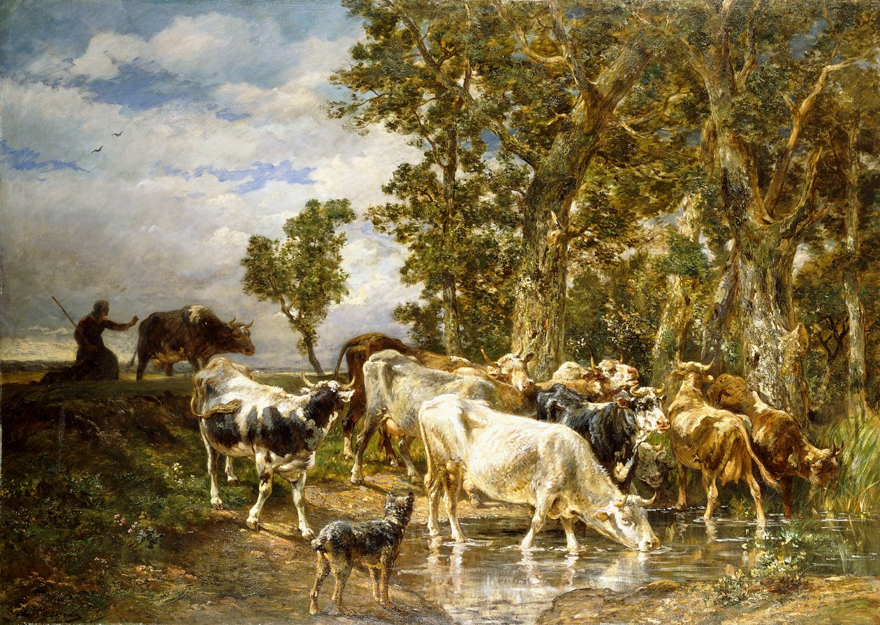 Flok med kyr ved et drikkebasseng, av Charles Emile Jacque