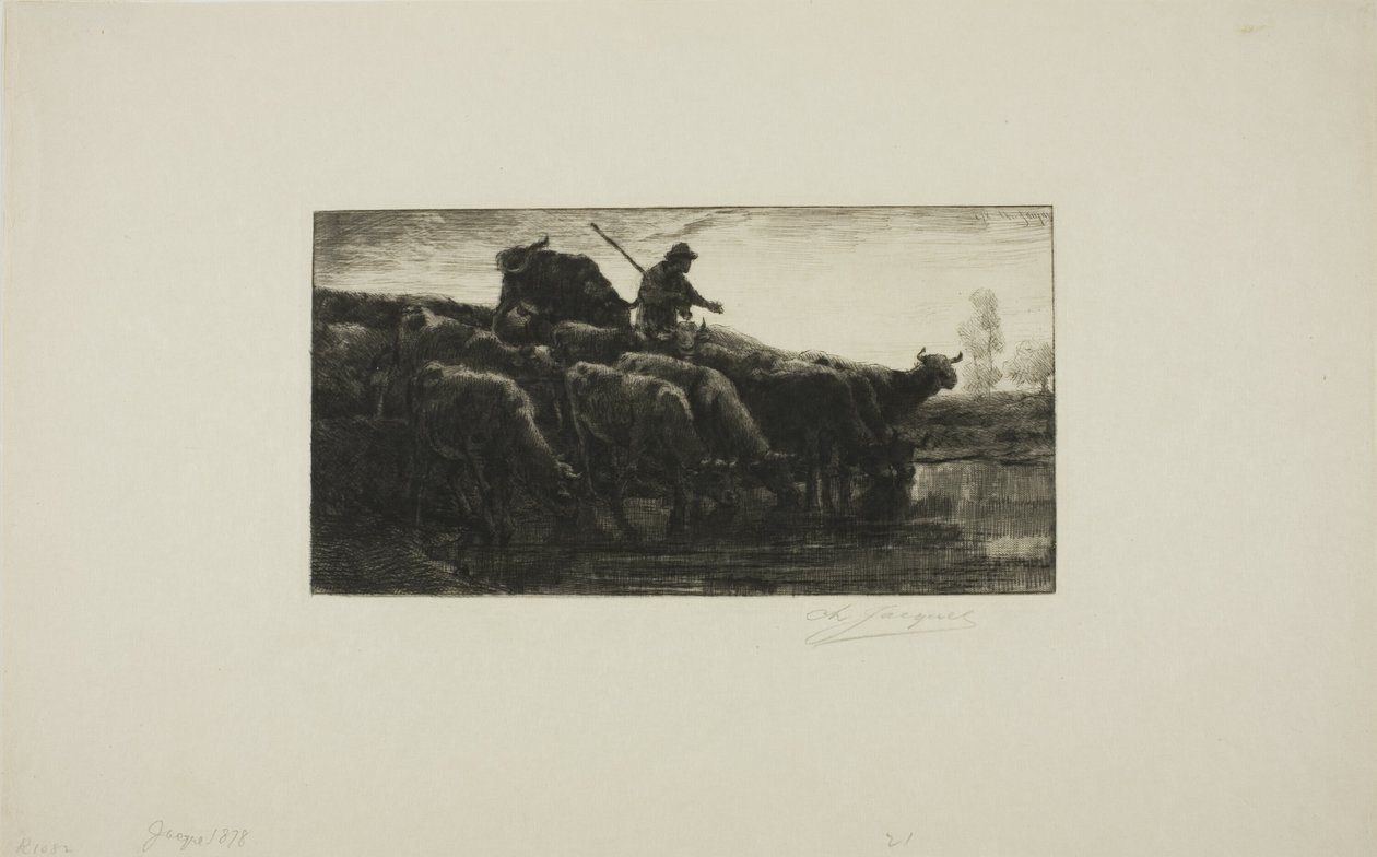 Flok med kyr ved fôrtrauet av Charles Emile Jacque