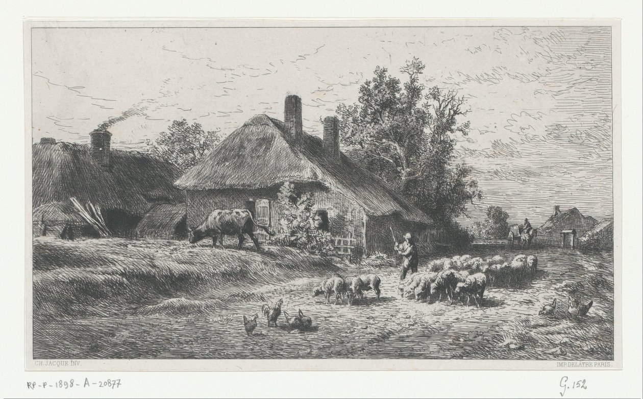 Gjeter med flokk på en vei langs en gård av Charles Emile Jacque