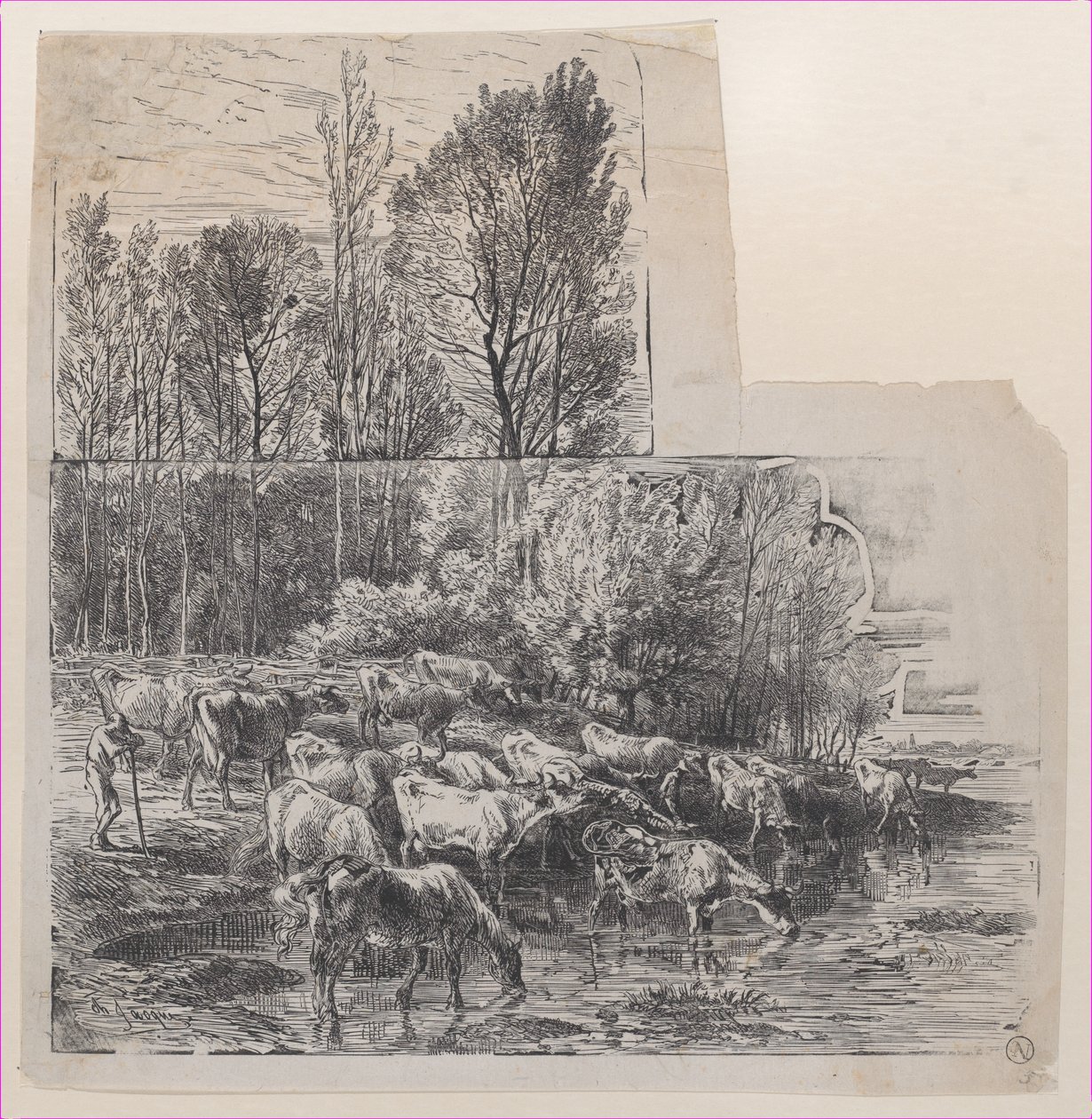 Gjeter og storfe på Ford, ca. 1850. av Charles Emile Jacque