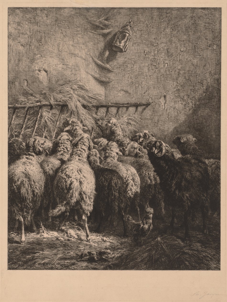 Interiør i saueinnhegning. av Charles Emile Jacque