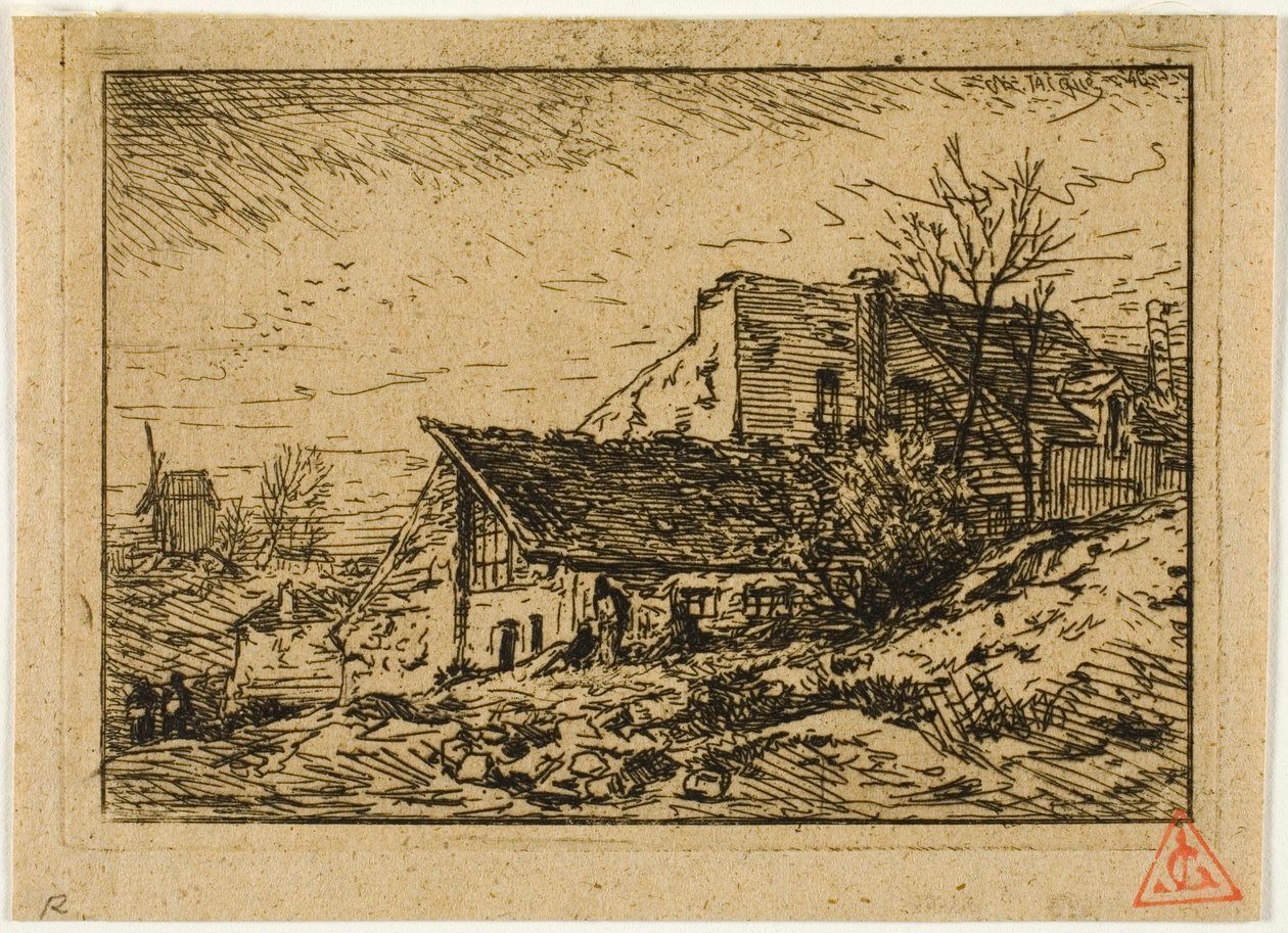 Landskap med Bondeboliger og Mølle av Charles Emile Jacque