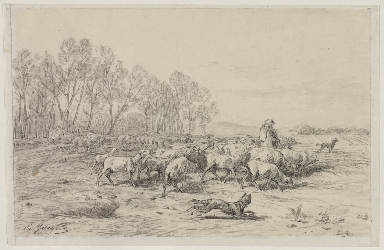 Landskap med saueflokk, 1800-tallet. av Charles Emile Jacque