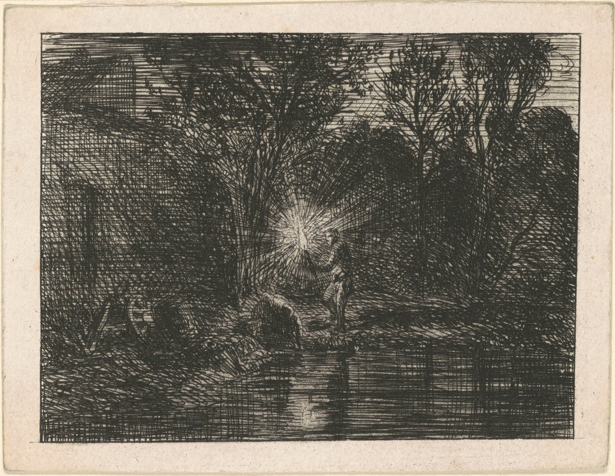 Elvebredden om natten av Charles Emile Jacque