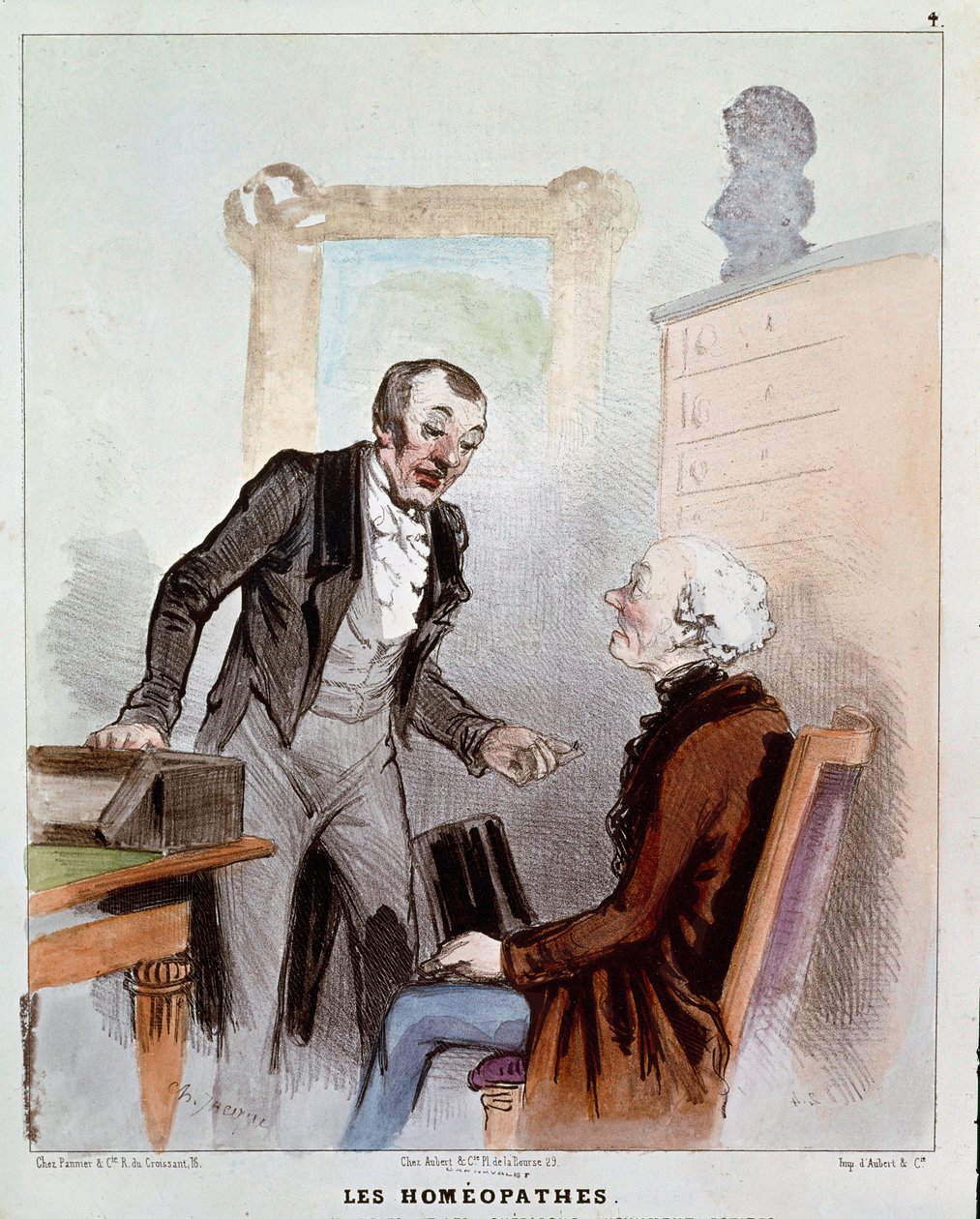 Serien "syke og leger"": homeopater. Tegneserie av en lege som foreskriver en homøopatisk medisin til en pasient. Gravering av Charles Jacques av Charles Emile Jacque