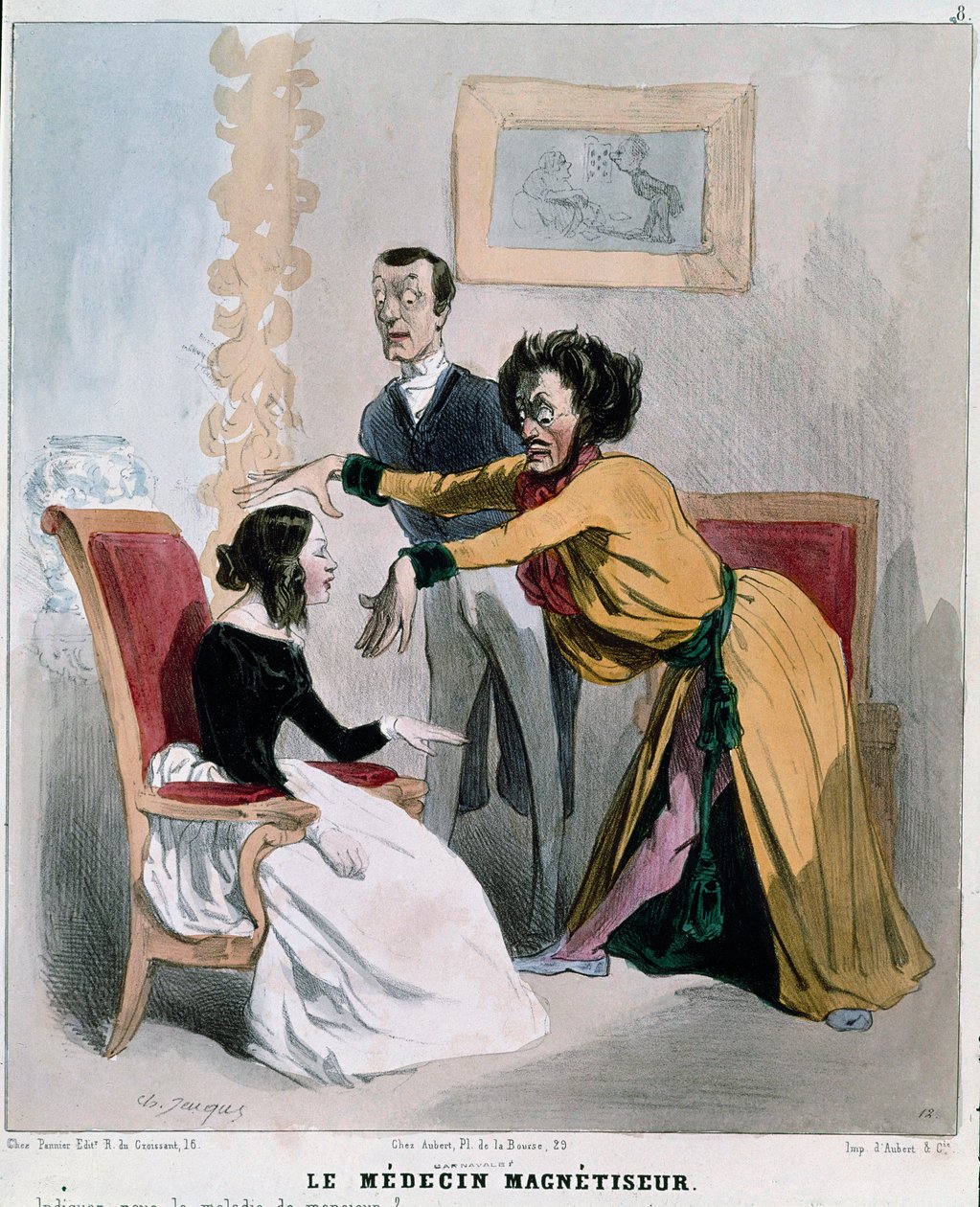 Serie "" syke og leger"": magnetistlegen. Tegneserie av en hypnotisør midt i hypnose om en pasient. Gravering av Charles Jacques av Charles Emile Jacque