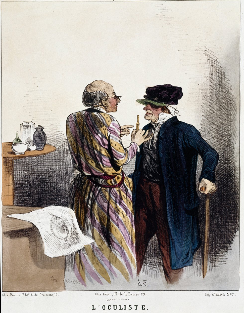 Serien "syke og leger"": okulisten. Tegneserie av en lege under en medisinsk konsultasjon av en pasient for øynene hans. Gravering av Charles Jacques av Charles Emile Jacque