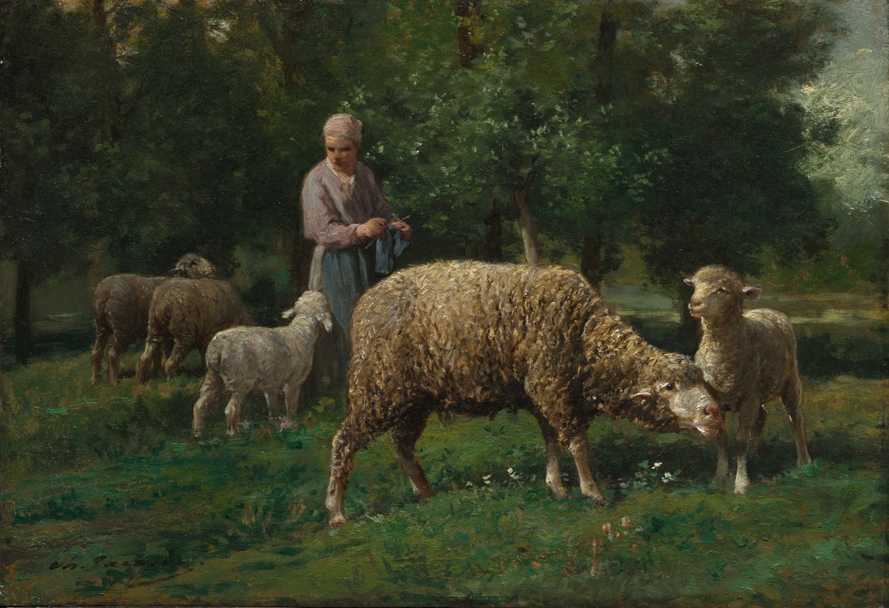 Gjeterinne med sauer av Charles Emile Jacque