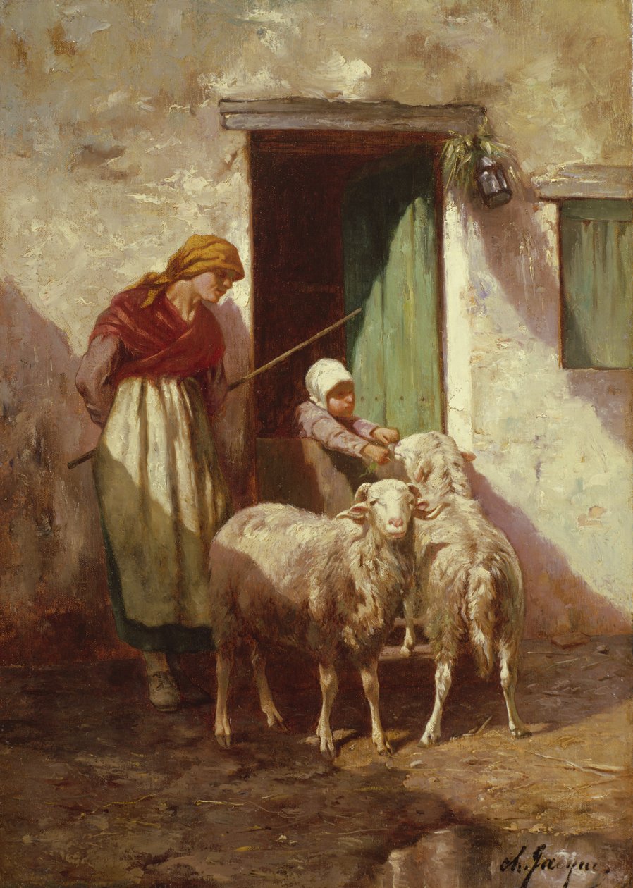 Gjeterinne med et barn og to sauer av Charles Emile Jacque