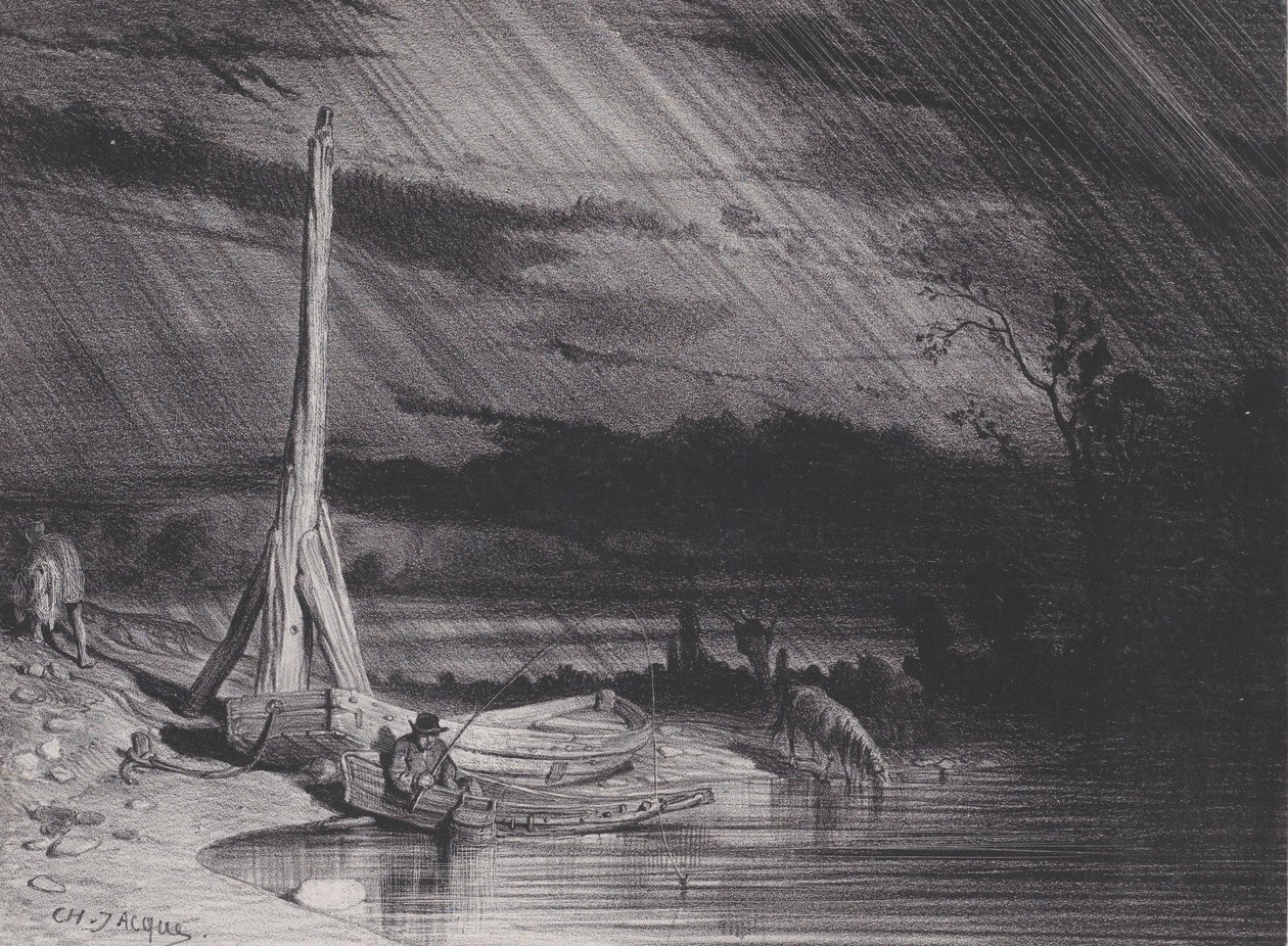 Fiskeren, regnvær, ca. 1853. av Charles Emile Jacque