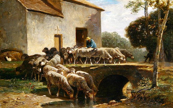 The Flock Leaving (olje på panel) av Charles Emile Jacque