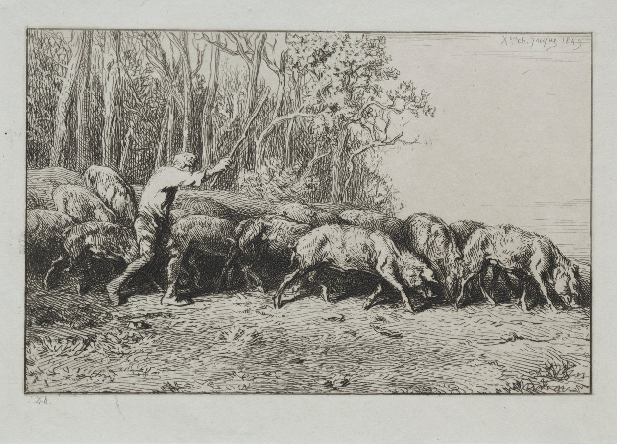 En flokk med porer som kommer ut av en skog. av Charles Emile Jacque