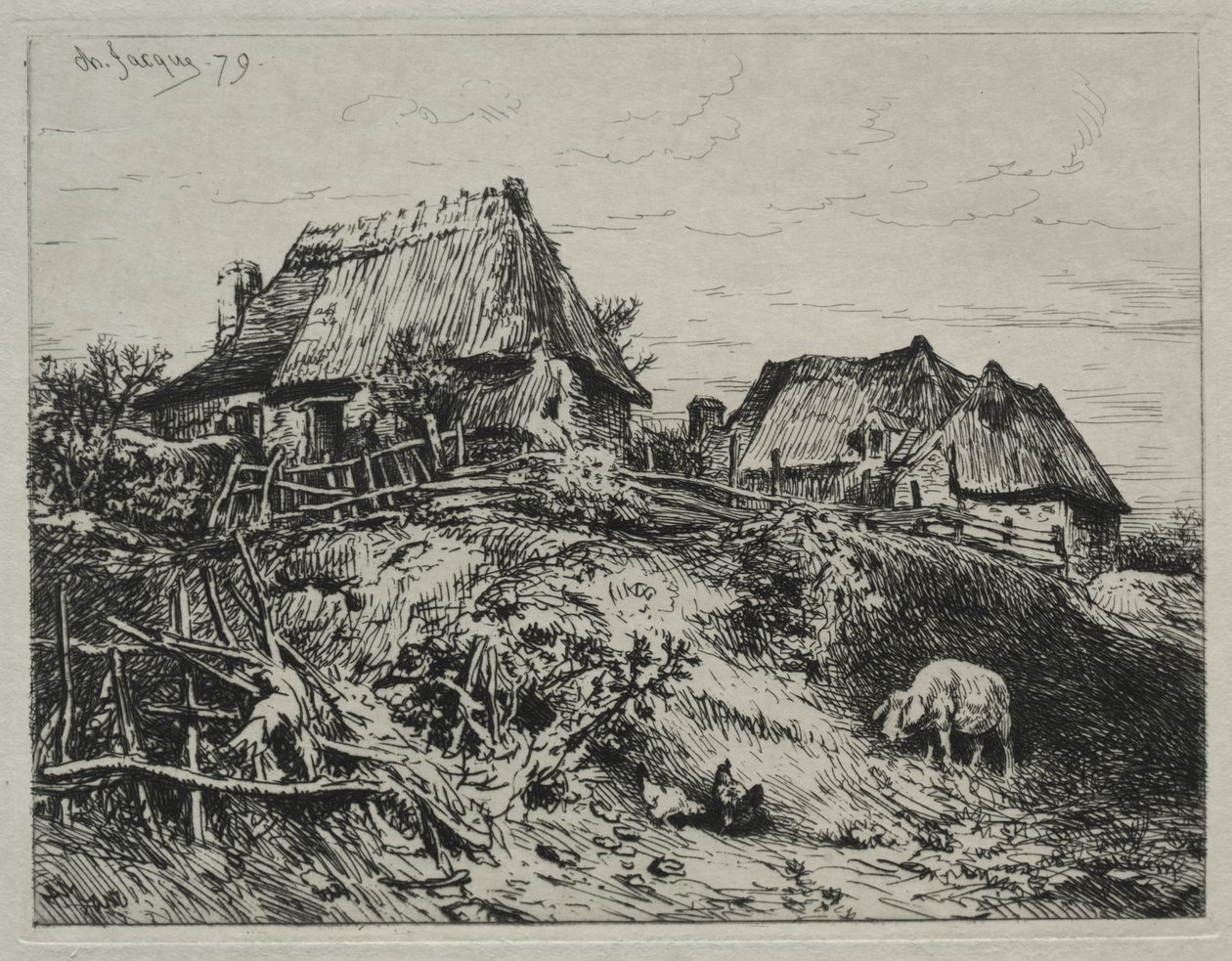To hytter på en bank av Charles Emile Jacque