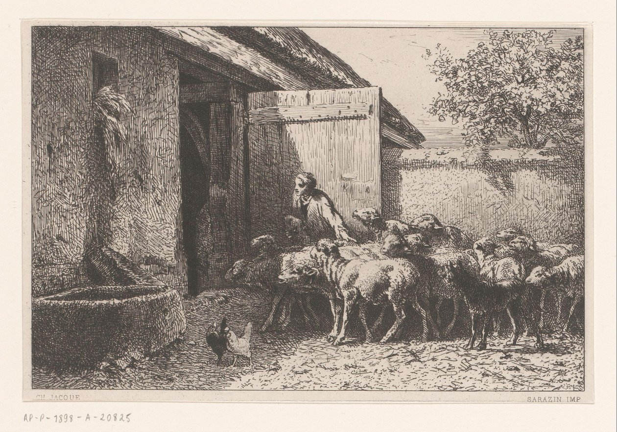 Kvinne fører sauer til stallen Bergerie av Charles Emile Jacque