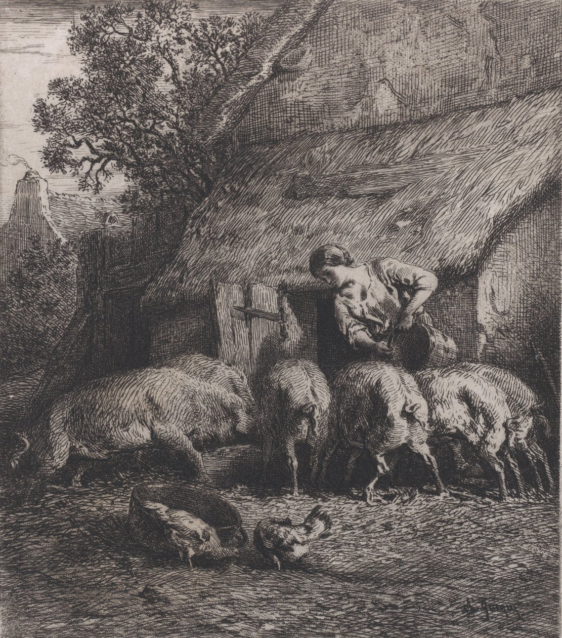 Kvinne som mater griser, 1850. av Charles Emile Jacque