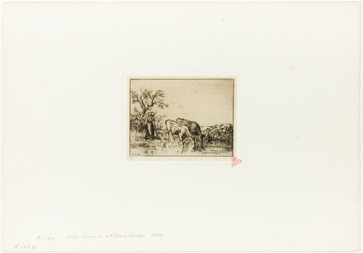 Kvinne som passer på to kyr av Charles Emile Jacque