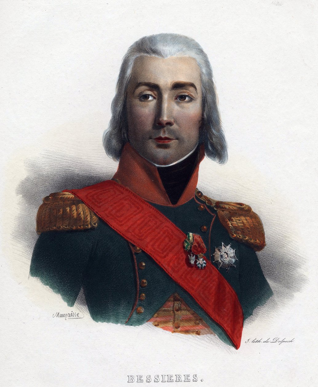Portrett av Jean Baptiste (Jean-Baptiste) Bessieres (1768-1813), marskalk av Frankrike - Mauraisse, Charles Emile (1799-1852) - 1835 - Litografi, akvarell - 32x24 - Privat samling av Charles Emile Mauraisse