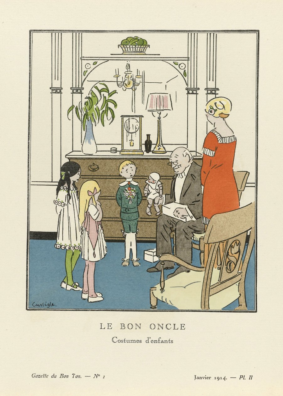 Den gode onkel. Barnekostymer fra La Gazette du Bon Ton, pub. 1914 (sjablongertrykk) av Charles Emile called Carlegle Egli