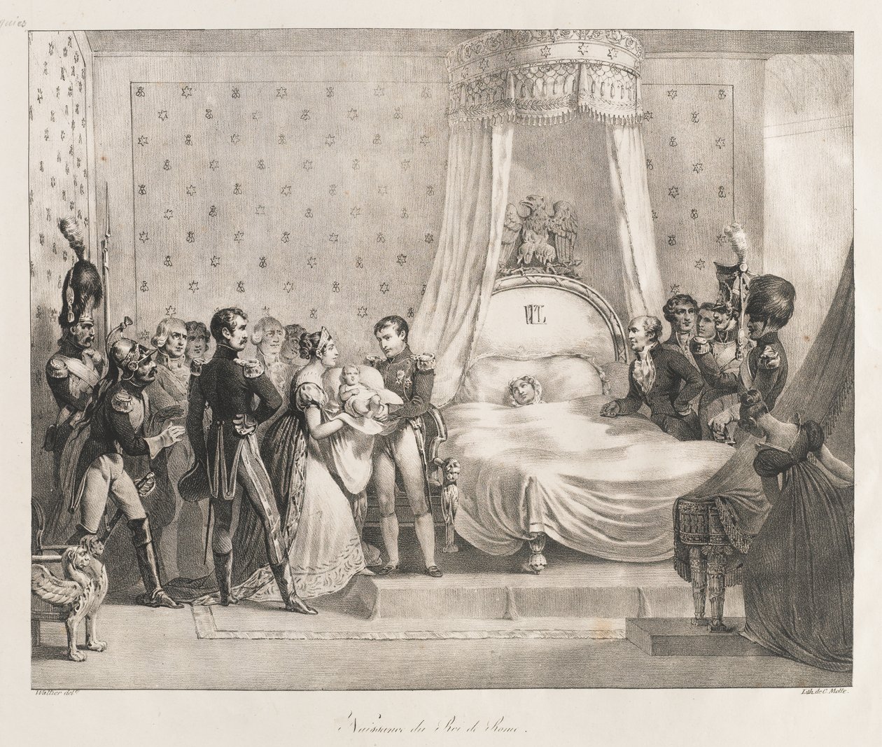 Fødsel av kongen av Roma, tidlig på 1800-tallet (litho) av Charles Etienne Pierre Motte