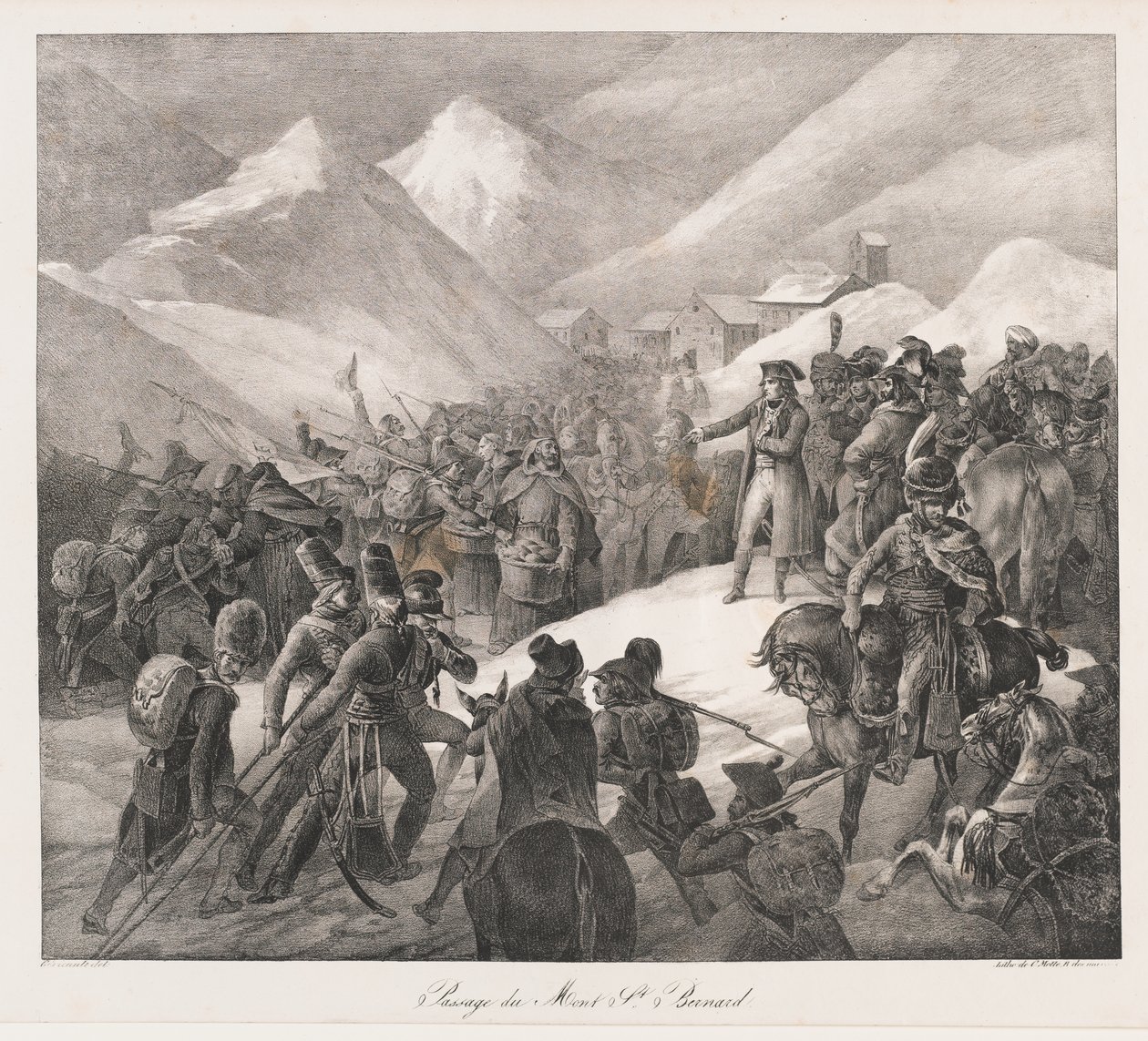 Krysser St. Bernard-fjellet, tidlig på 1800-tallet (litho) av Charles Etienne Pierre Motte